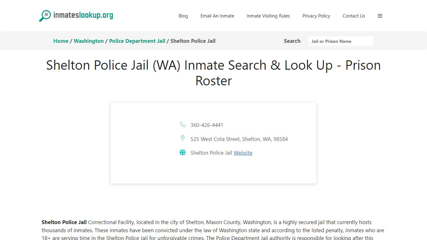 Shelton Police Jail (WA) Inmate Search & Look Up - Prison Roster